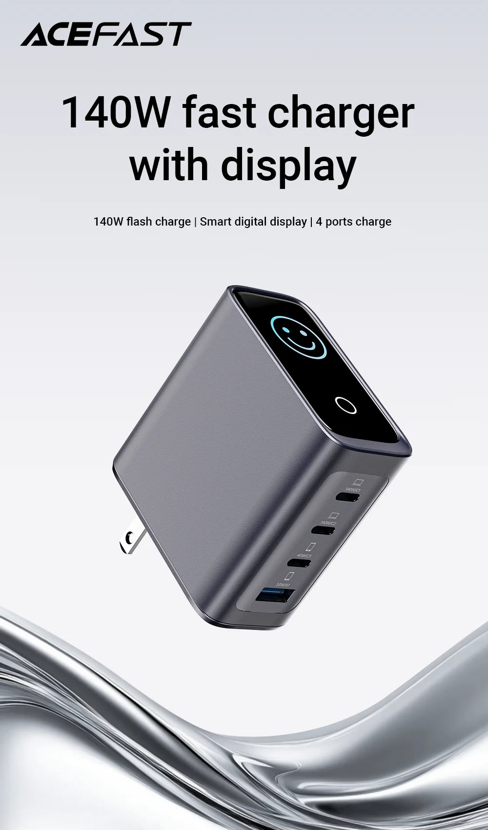 ACEFAST US Plug GaN 140W Fast Charging Phone Charger LED Display Screen For iPhone 17/16 Pro Max USB C USB A Wall Travel Adapter
