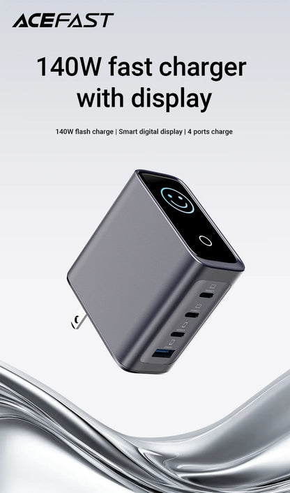 ACEFAST US Plug GaN 140W Fast Charging Phone Charger LED Display Screen For iPhone 17/16 Pro Max USB C USB A Wall Travel Adapter