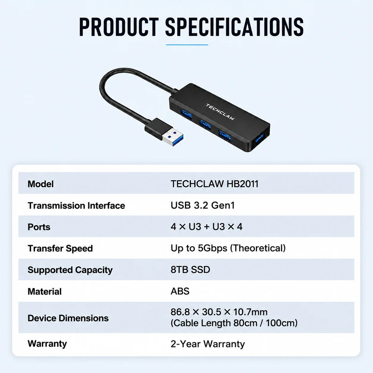 TECHCLAW USB 3.2 Hub 4 Ports USB-A Splitter 5Gbps High Speed USB Hub Adapter Portable Multi USB Expander for Laptop PC Computer