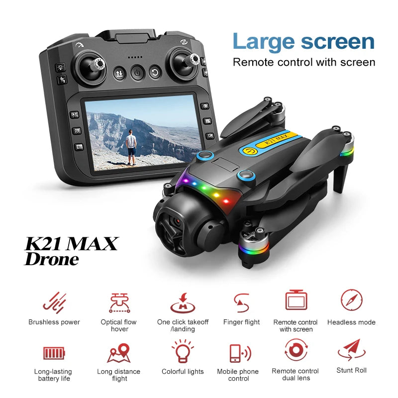 ZNLYRION K21MAX Foldable Brushless Drone With Screen Remote EIS Dual Electric Camera Optical Flow Hover Colorful LED Light RC Quadcopter