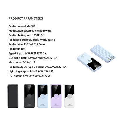 PowerBank 200000mAh Large Capacity with 4 Cables Fast Charging Portable Battery Charger for IPhone16 15 14 Samsung Xiaomi