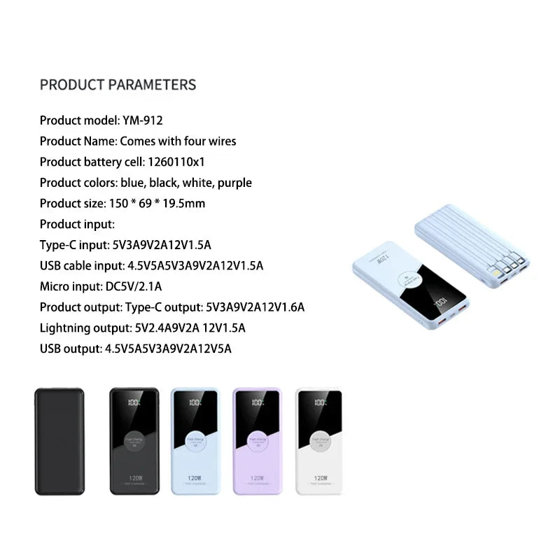 PowerBank 200000mAh Large Capacity with 4 Cables Fast Charging Portable Battery Charger for IPhone16 15 14 Samsung Xiaomi