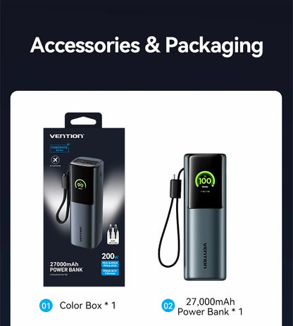 Vention 200W Power Bank 27000mAh PD 3.1 140W Max Portable PowerBank for Laptop PD Fast Charging for iPhone 17 16 Samsung S25 S24