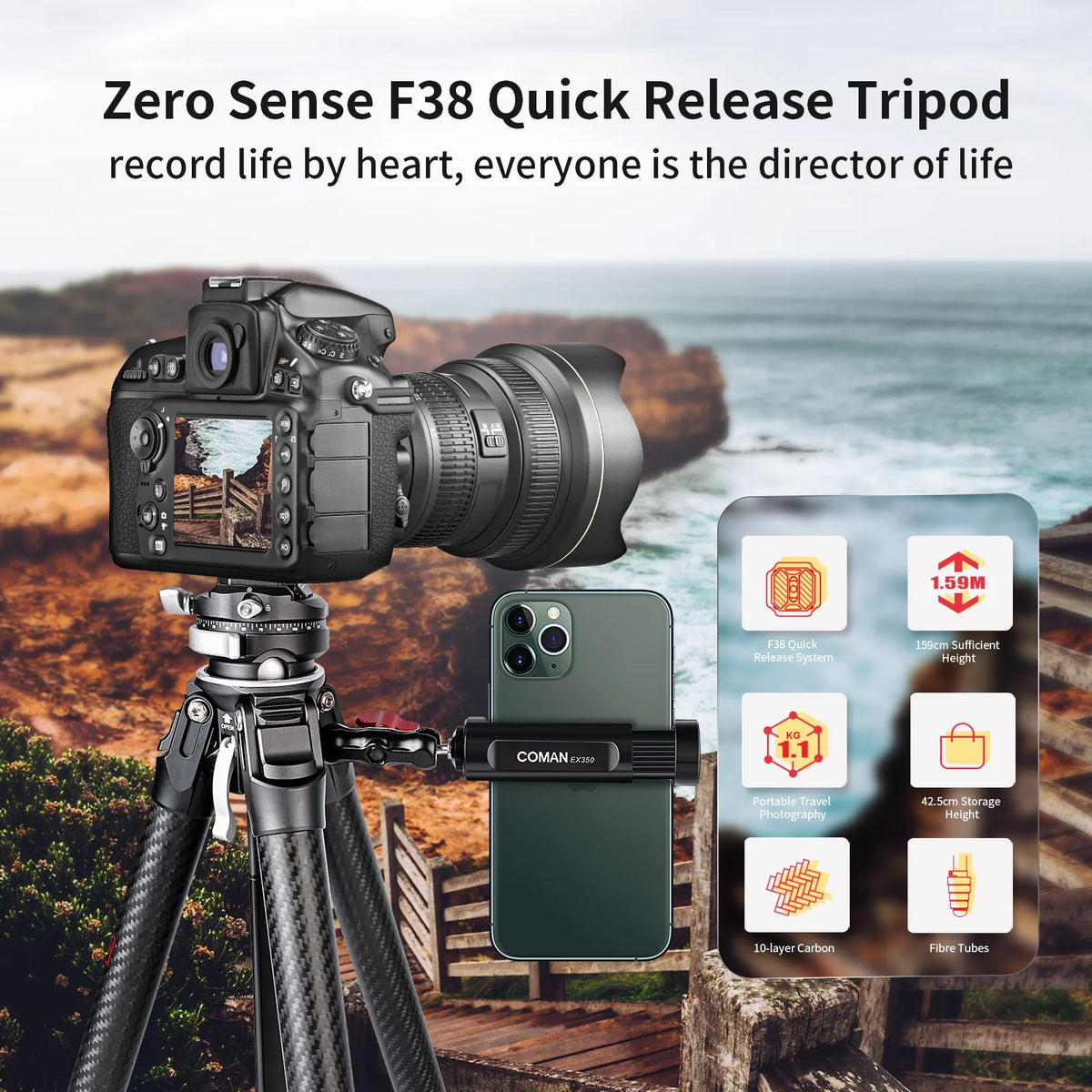 COMAN Zero F38 Carbon Fiber Tripod with Quick Release 360° Panoramic Ball Head for Nikon Canon DSLR Camera Travel Size