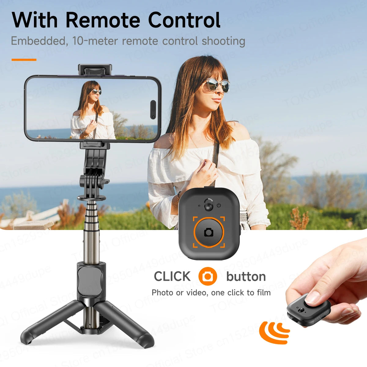TOKQI Mini Selfie Stick Tripod with 3 Color Fill Light Detachable Holder 360 Rotation Bluetooth Remote for Vlog Live Streaming