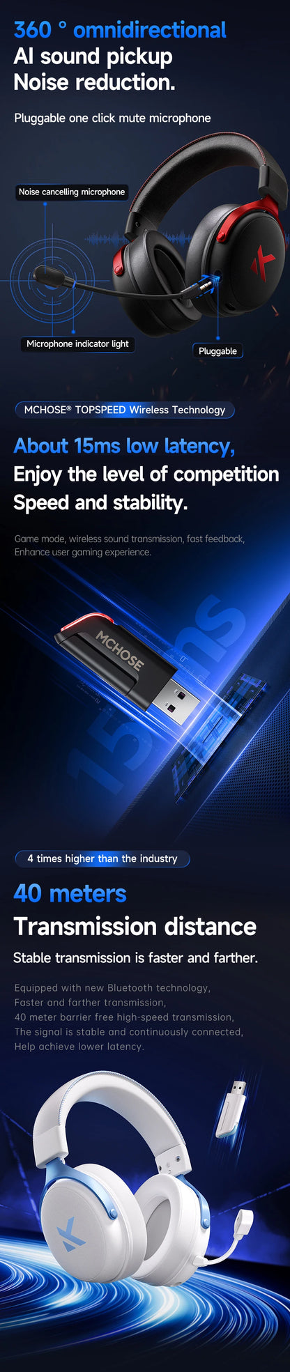 MCHOSE V9 Pro Gaming Headphones 2.4G BT5.3 Wireless BT5.3 Headset 7.1 FPS Surround Sound Earphones With Noise Reduction Mic