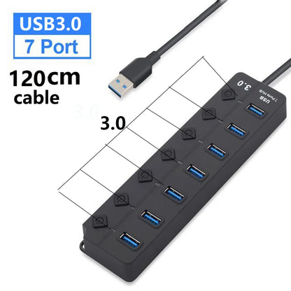 USB Hub 3.0 Multiprise USB High Speed Splitter 7 Port 5Gbps Hub Power Adapter with Switch Long Cable with Multiple Expander Hub
