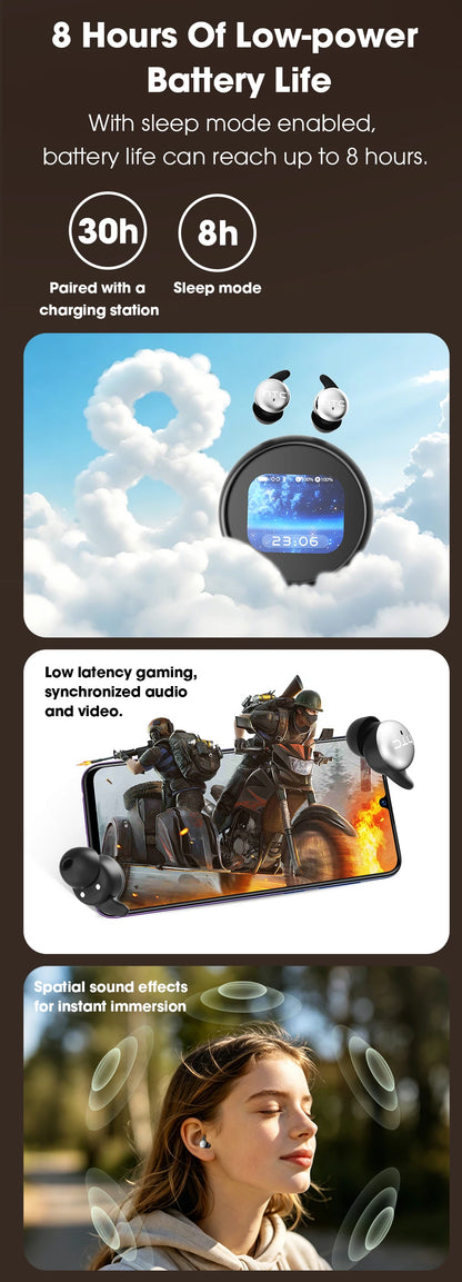 HTC NE90 TWS Sleep Bluetooth Earphones Wireless Bluetooth 5.3 Stereo Headphones Mini Sleeping Earbuds Long Battery Touch Control
