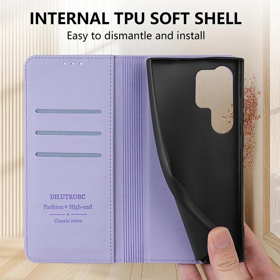 Wallet Skin Friendly Magnetic Slot Flip Leather Case For Samsung Galaxy S26 Ultra S25 Edge S24 FE S23 Plus S22 S21 S20FE S10+
