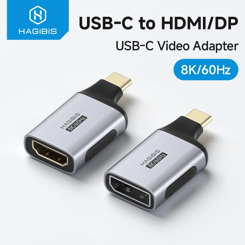 Hagibis USB C to HDMI/DisplayPort Adapter Type-C to HDMI/DP Connector 8K60Hz 4K240Hz 2K360 for Thunderbolt 4/5 External Monitor