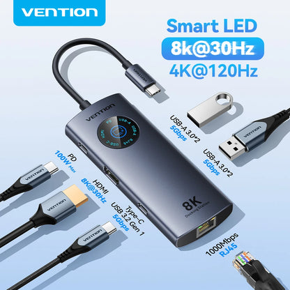 Vention USB C 8K 4K HDMI HUB Led Display USB A C 3.0 3.2 Gen1 Ethernet 1000Mbps Adapter for MacBook iPad HP Dell Samsung Laptop