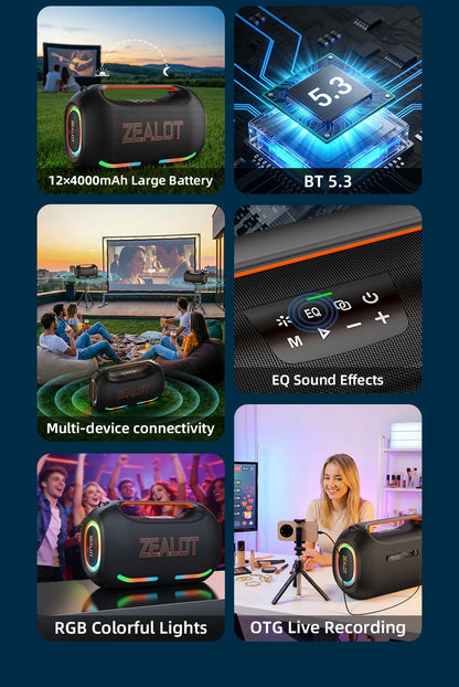 ZEALOT ZE41 250W Bluetooth Subwoofer | 48000mAh Long-Lasting Battery, RGB Lights, OTG Recording, Smart APP Control