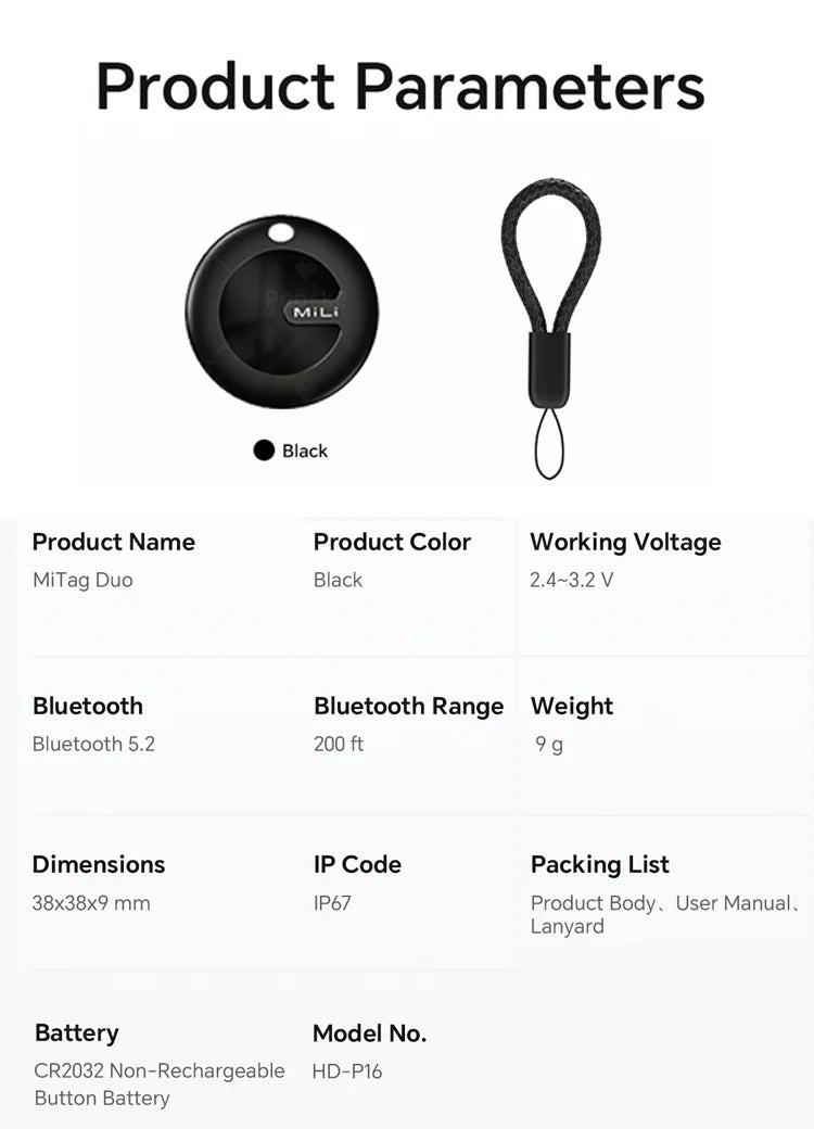 Dual System MiLi MiTag Smart Location Tag Bluetooth GPS Tracker Locator Keys Finder Works With Apple Find My & Google Find Hub