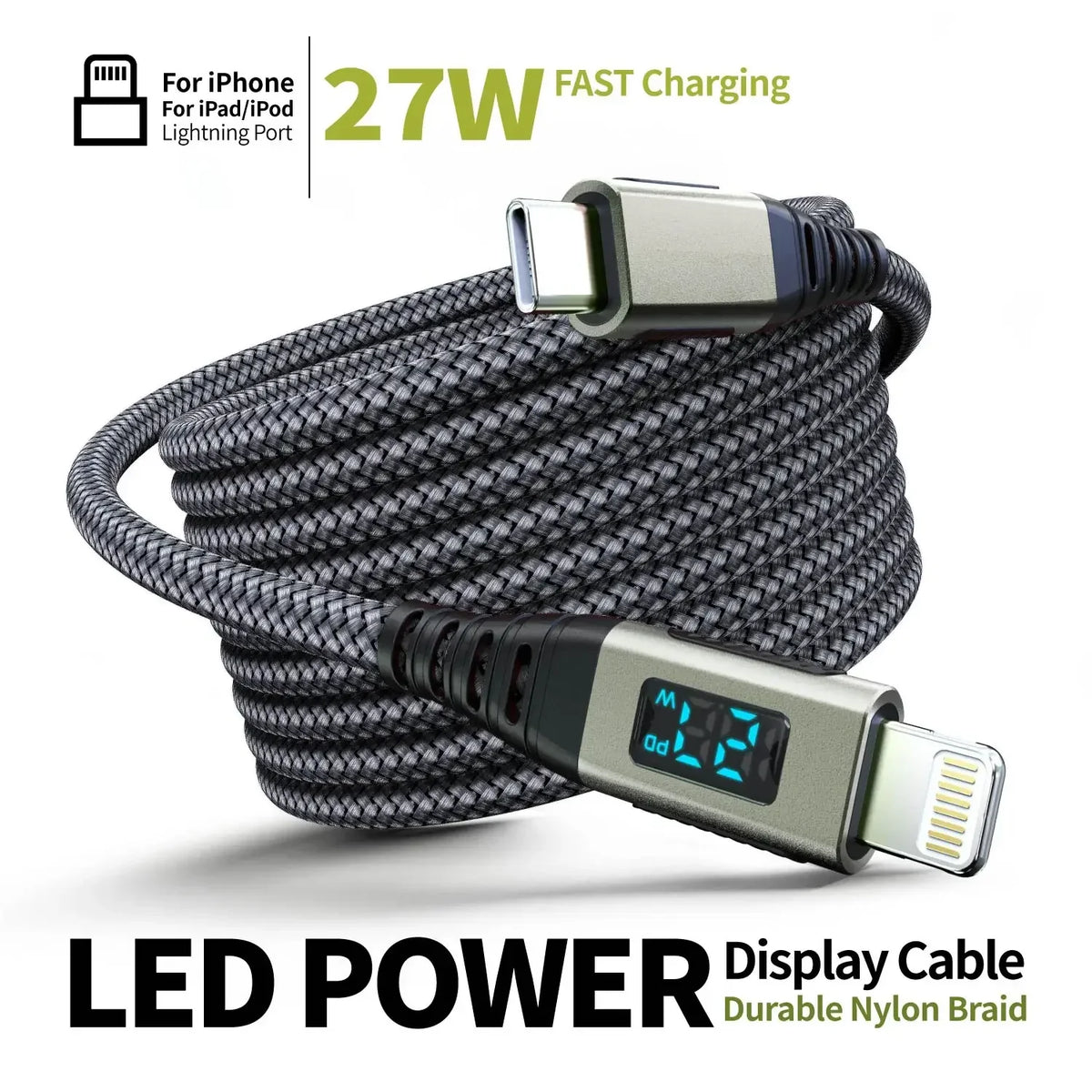 MFI Certified 27W USB-C to Lightning Cable Fast Charging LED Display Screen For iPhone 14/13/12/11/10 Series iPad Pro/Air