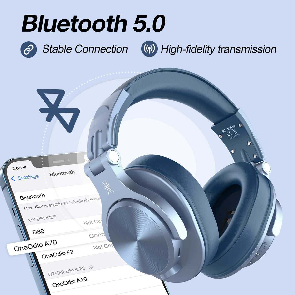 Oneodio A70 Wireless Bluetooth 5.2 Headphones 72Hrs Over Ear Hi-Res Audio 3.5mm/6.35mm Wired Studio DJ Headset With Microphone