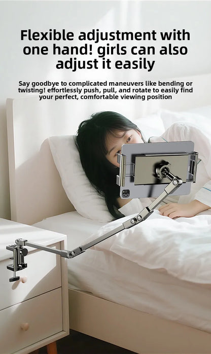 All-metal cantilever lazy overhead phone holder for desktop live streaming, bedside adjustable tablet for iPad bracket