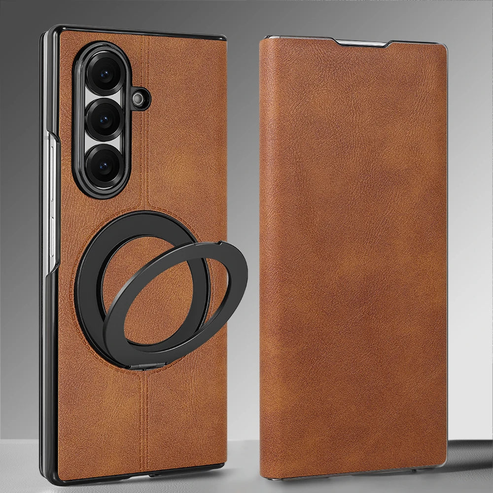 Magnetic Plain PU Leather Flip Phone Case With 360° Rotatable Ring Kickstand Holder for Samsung For Galaxy Z Fold 8 Ultra 7/6