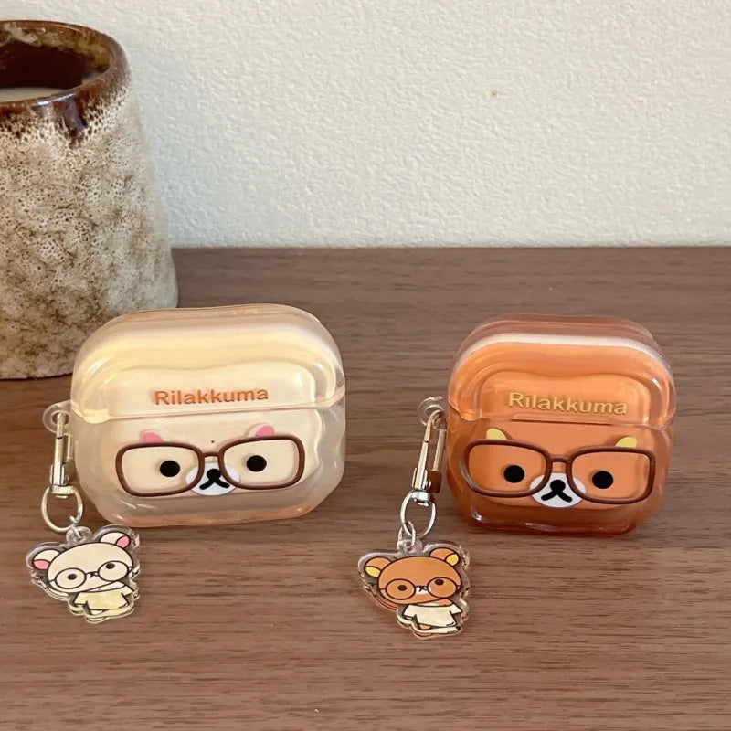 Korean Cute Rilakkuma Glasses Clear AirPods Case with Keychain for AirPods 1 2 3 4 Pro 2 Pro 3 Cute Shockproof Protective Cover