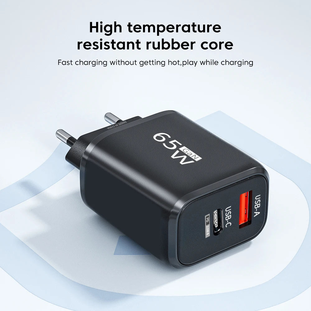 PD 65W GaN 2 In 1 Charger  for iPhone 18 17 XiaomiEU/US Plug USB Type C Fast Charging Wall Charger Portable Quick Charge Adapter