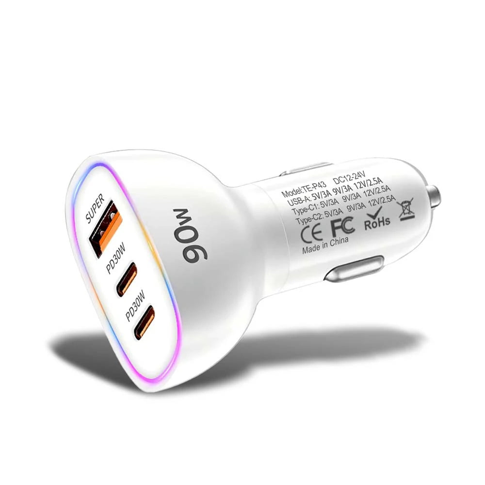 90W USB C Car Charger Fast Charging Multi Port Dual PD 30W Type C USB A 30W Adapter for Laptop Phone MacBook PPS QC3.0 RGB LED