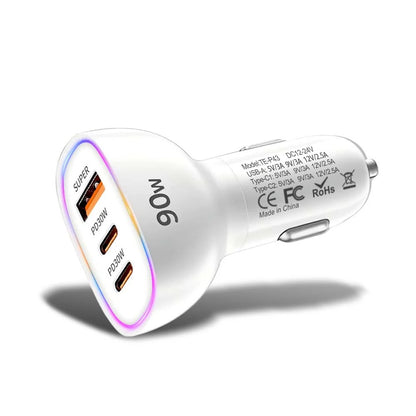 90W USB C Car Charger Fast Charging Multi Port Dual PD 30W Type C USB A 30W Adapter for Laptop Phone MacBook PPS QC3.0 RGB LED