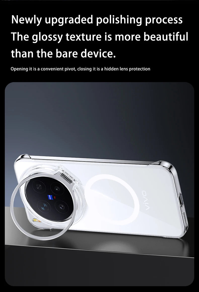 Acrylic Slim Frameless Transparent Case For Magsafe VIVO X300S X300 Pro Ultra Wireless Charging Lens Metal Stand Holder Cover