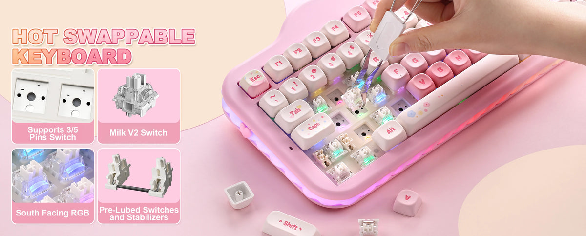YUNZII C98 Wireless Mechanical Keyboard, 99-Key Hot Swap Gasket Keyboard with Numpad, Custom RGB Backlight,Cute Keeb for Win/Mac