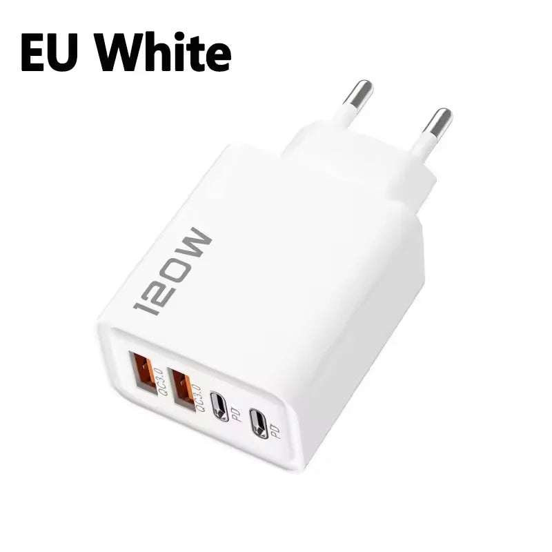 4 Ports 120W Charger USB C PD Quick Charge 3.0 Type C USB Phone Chargers Fast Charging Adapter For iPhone Samsung Xiaomi Huawei