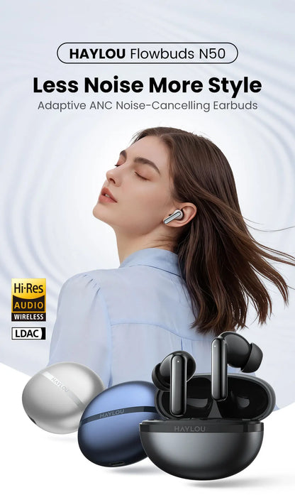 HAYLOU Flowbuds N50 ANC Bluetooth 6.0 Wireless Earphones Active Noise Cancellation 6 Mics AI Claer Call Earbuds 32H Playtime