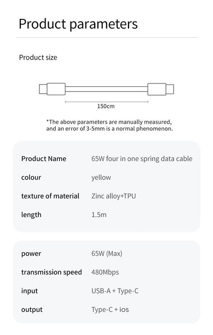 4 in 1 PD 27W 65W Fast Charging Spring Cable USB Type C To Type C And Lightning Data Cable Wire For iPhone 15 16 Samsung Xiaomi