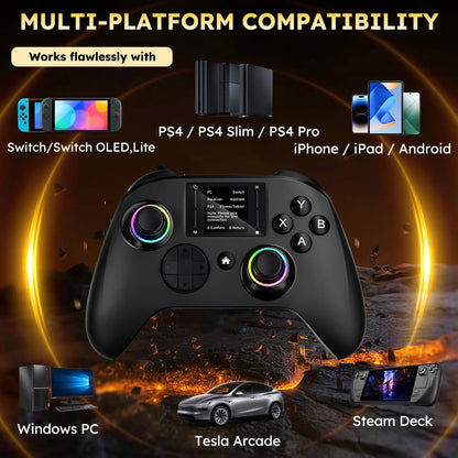 Wireless gaming controller with an interactive screen, compatible with PC, PS4, Switch, Android, and iOS devices. Features 4 programmable buttons, rapid-fire functionality, a 6-axis gyroscope, dual vibration feedback, and RGB