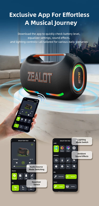 ZEALOT ZE41 250W Bluetooth Subwoofer | 48000mAh Long-Lasting Battery, RGB Lights, OTG Recording, Smart APP Control