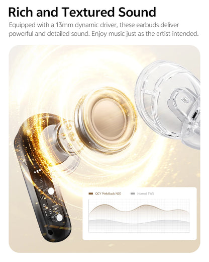 QCY MeloBuds N20 Wireless Bluetooth 6.0 Earphone 13mm Drivers -50dB Adaptive Hybrid Noise Cancelling Earbud 40Hrs HT20 Headphone