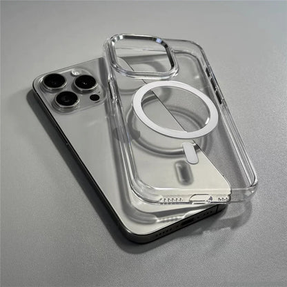 Transparent Wireless Charging for Magsafe Case for iPhone 18Pro 17 16 17Pro Max Alloy Lens Clear Shockproof Hard Armor Cover