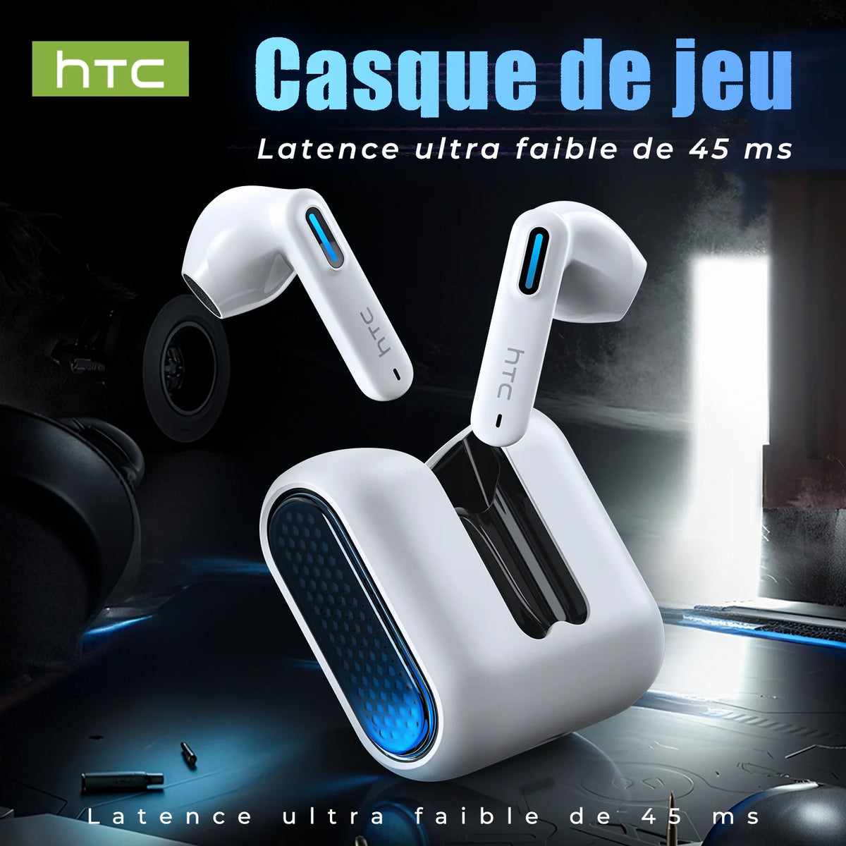 HTC Wireless Bluetooth Earphones Low Latency Gaming Headphones USB-C 30Hrs Playback Comfortable Earbuds With Noise Canceling Mic