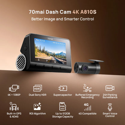 70mai A810S 4K Dash Cam IMX678 Dual HDR Supercapacitor 4G LTE Remote Control Wi-Fi 6 5GHz Voice Control GPS ADAS Car Camera