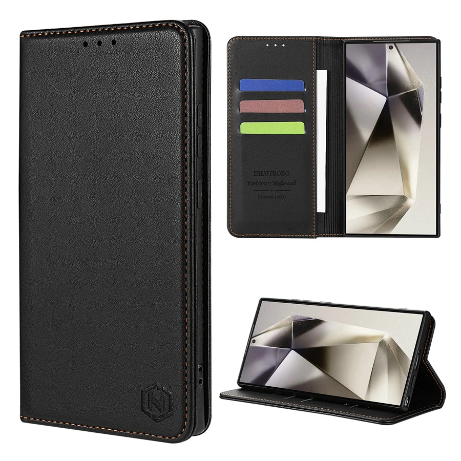 Wallet Skin Friendly Magnetic Slot Flip Leather Case For Samsung Galaxy S26 Ultra S25 Edge S24 FE S23 Plus S22 S21 S20FE S10+