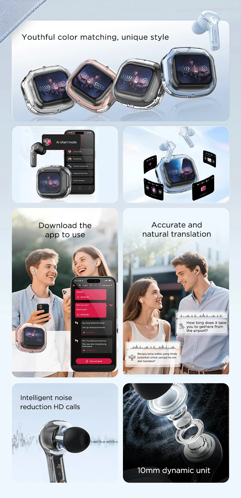 Low Latency Earphones ERAZER XP16 Wireless Earbuds AI Translation High-definition LCD Display For Music Sports Gaming Office