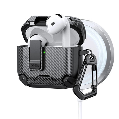 Safety Lock Carbon Fiber Phone Holder Bluetooth Headset Cover For AirPods 4 Pro 3 2 Anti Fall Protective Earphone Case With Hook