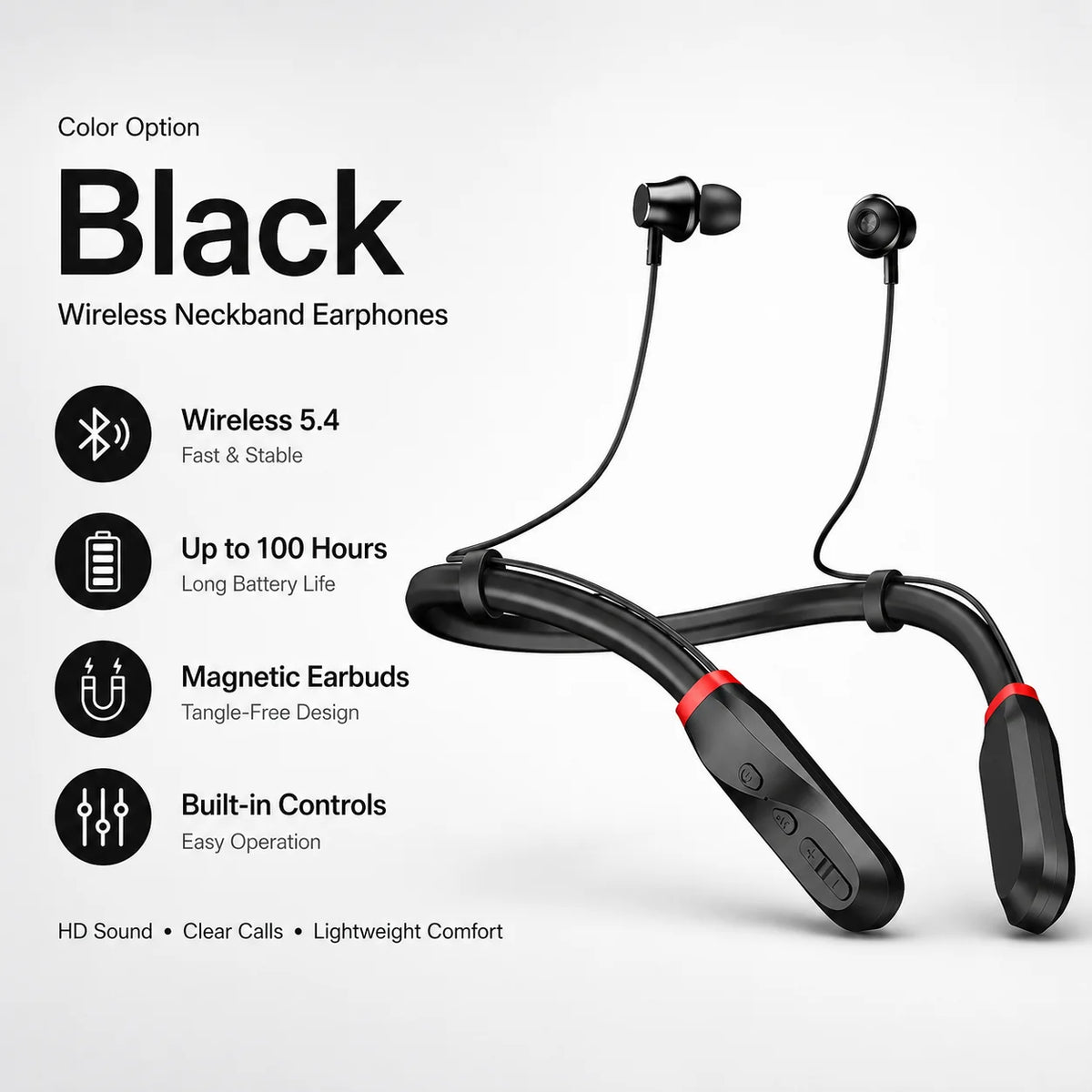 Bluetooth 5.4 Neckband Wireless Earbuds with Mic, 100H Standby Stereo Magnetic Sports Headphones for Running, Gym, Travel, Phone