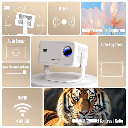 Magcubic L018 Projector 8K Native 1080P 650ANSI Auto Focus & Keystone Correction Android14 BT5.4 WIFI6 360° Portable Home Cinema