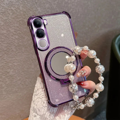 Bling Glitter Lipstick Mirror Stand Phone Case For Vivo Y31 5G Y21D With Pearl Chain Girls Women's Anti-drop Shockproof Cover