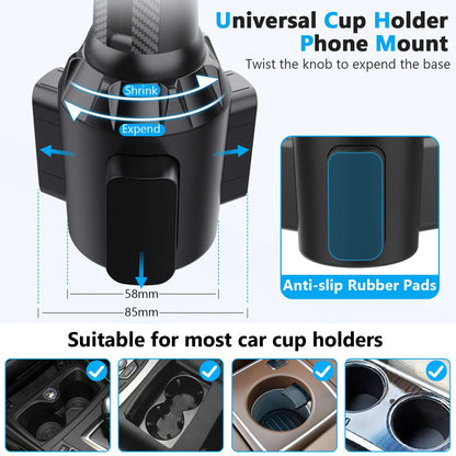 Car Cup Holder Phone Mount Universal for Car, Adjustable Stable Cell Phone Holder 360° Rotation Stand Fits 4-7 Inch Smartphones