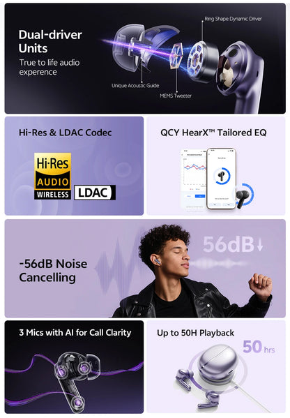 Ship From ES/PL/BR QCY HT18 MeloBuds N70 Wireless Earphones Bluetooth 6.0 Adaptive Hybrid ANC 6 Mics LDAC Hi-Res Audio Earbuds
