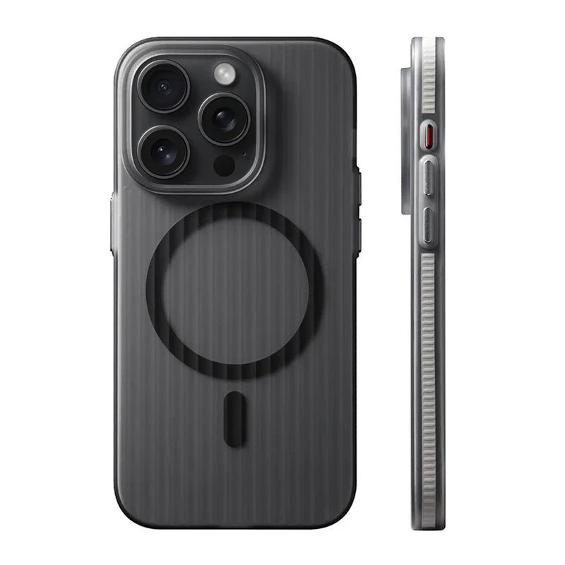 Geometric 3D Stripes Wireless Charging MagSafe Phone Case For iPhone 14 15 18Pro Max 15 13 Pro 16 Anti-fall Bumper Frosted Cover