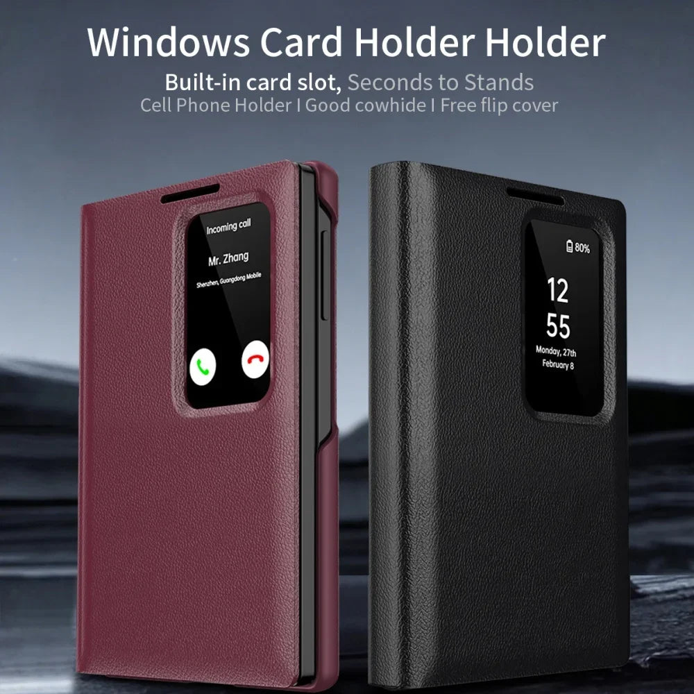 Luxury Leather Wallet Card Slot Smart View Case for Samsung Galaxy Z Fold 8 Fold8 Wide Flip-Free Answering Wake Up Flip Cover