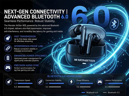 Monster Airstar A03 ANC Bluetooth 6.0 Earbuds Punchy Deep Bass Sports Headphones Active Noise Cancellation TWS Wireless Earphone