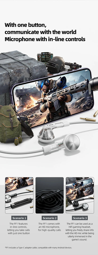 FiiO FF1 3.5mm HIFI Music Wired Bass Earbud 14.2mm Dynamic HD Microphone Earphone for Gaming Meeting Video