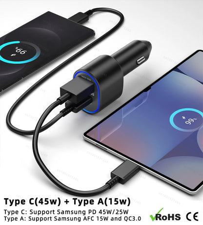 Original SAMSUNG Car Charger Type C 60w 45w 15w PD Auto Cargador Fast Charging Cable Samsung Galaxy S26 S25 S24 S23 Z Fold 8 7 6