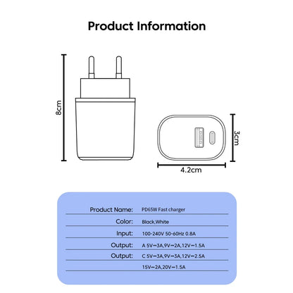 PD 65W GaN 2 In 1 Charger  for iPhone 18 17 XiaomiEU/US Plug USB Type C Fast Charging Wall Charger Portable Quick Charge Adapter